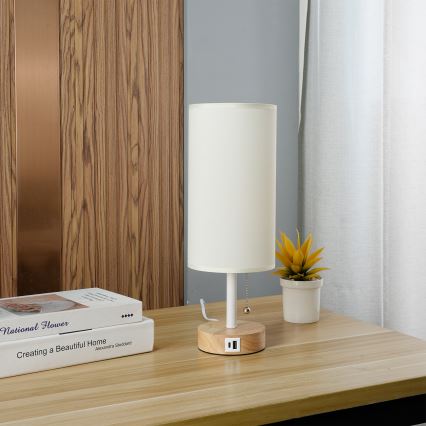 Brilagi - Lampe de table avec port USB TABLON 1xE27/25W/230V chêne/blanc/crème