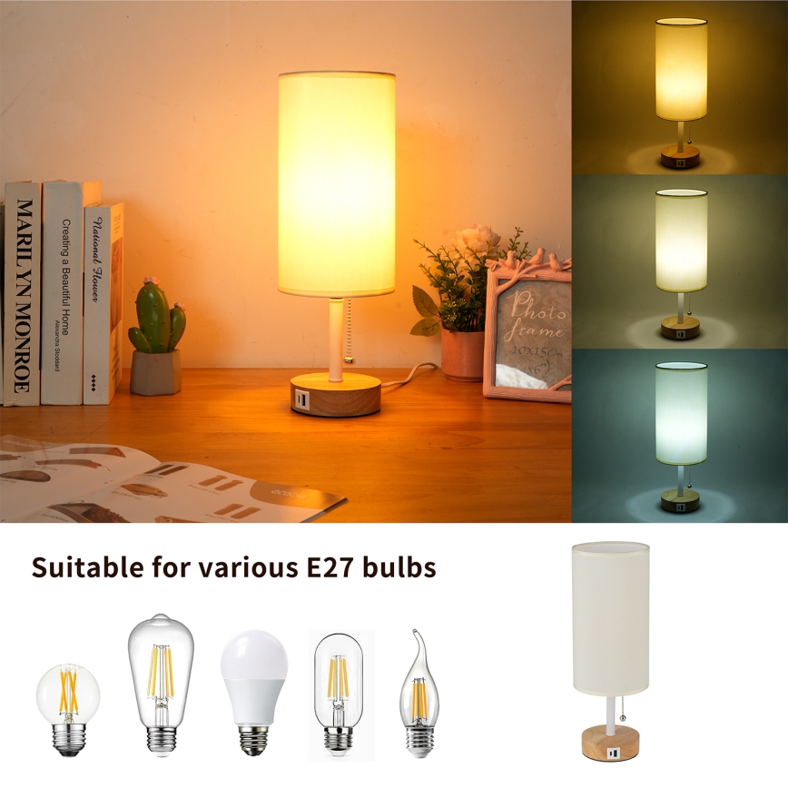 Brilagi - Lampe de table avec port USB TABLON 1xE27/25W/230V chêne/blanc/crème