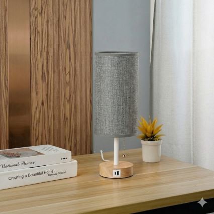 Brilagi - Lampe de table avec port USB TABLON 1xE27/25W/230V chêne/blanc/gris