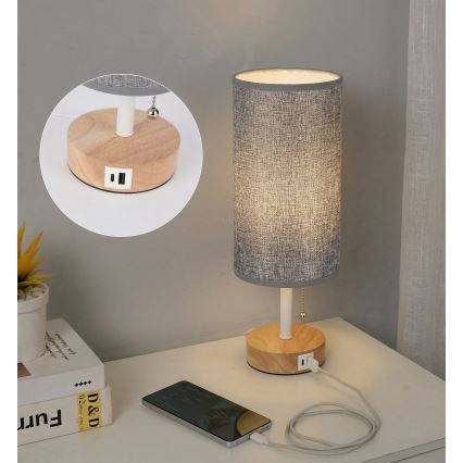 Brilagi - Lampe de table avec port USB TABLON 1xE27/25W/230V chêne/blanc/gris