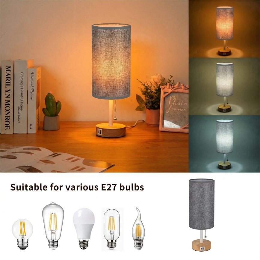 Brilagi - Lampe de table avec port USB TABLON 1xE27/25W/230V chêne/blanc/gris