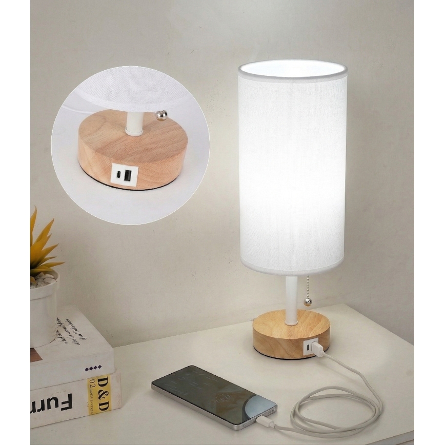Brilagi - Lampe de table avec port USB TABLON 1xE27/25W/230V chêne/blanc