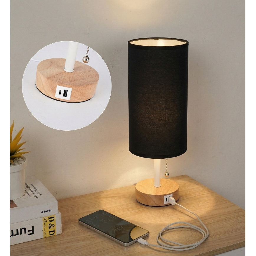 Brilagi - Lampe de table avec port USB TABLON 1xE27/25W/230V chêne/blanc/noir