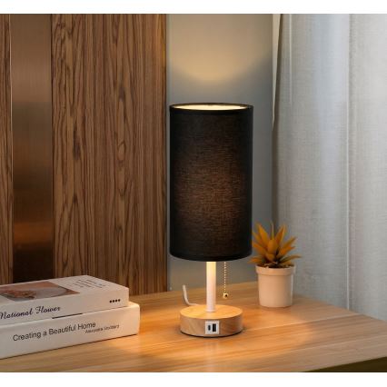 Brilagi - Lampe de table avec port USB TABLON 1xE27/25W/230V chêne/blanc/noir