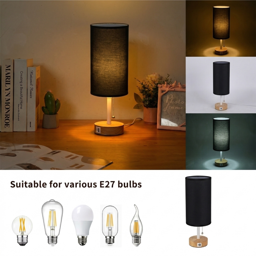 Brilagi - Lampe de table avec port USB TABLON 1xE27/25W/230V chêne/blanc/noir