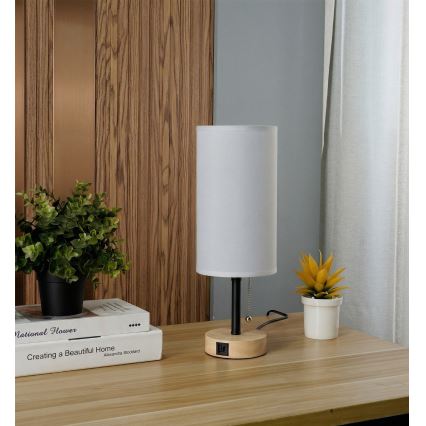Brilagi - Lampe de table avec port USB TABLON 1xE27/25W/230V chêne/noir/blanc