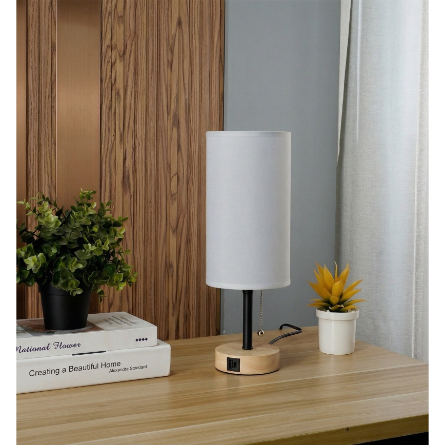 Brilagi - Lampe de table avec port USB TABLON 1xE27/25W/230V chêne/noir/blanc