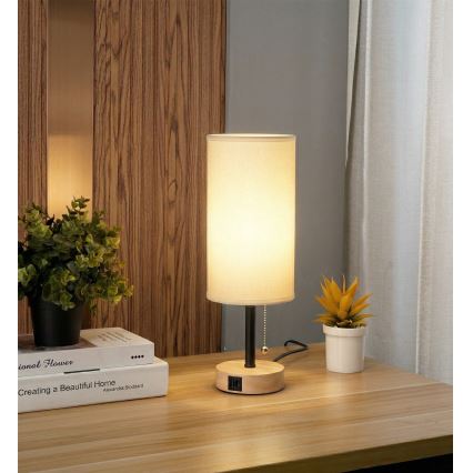 Brilagi - Lampe de table avec port USB TABLON 1xE27/25W/230V chêne/noir/blanc