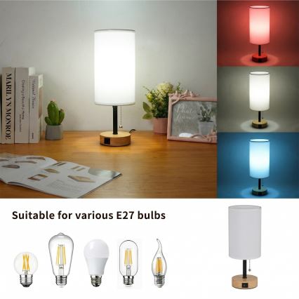 Brilagi - Lampe de table avec port USB TABLON 1xE27/25W/230V chêne/noir/blanc