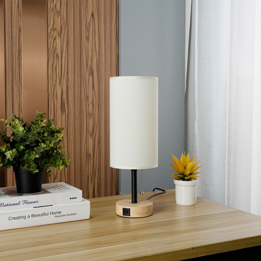 Brilagi - Lampe de table avec port USB TABLON 1xE27/25W/230V chêne/noir/crème