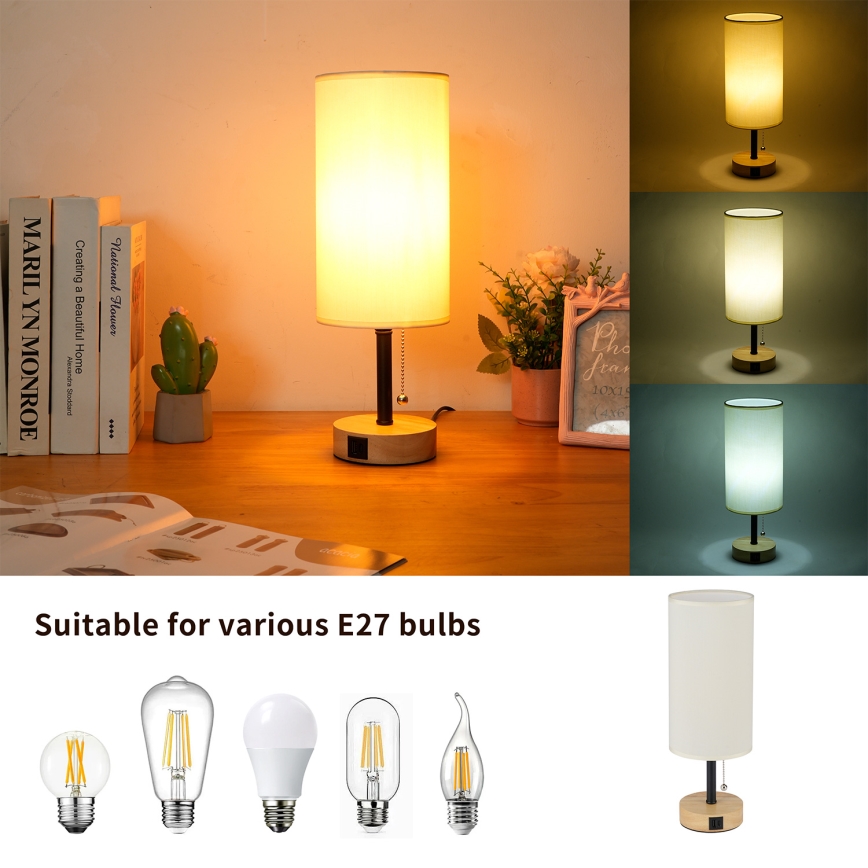 Brilagi - Lampe de table avec port USB TABLON 1xE27/25W/230V chêne/noir/crème