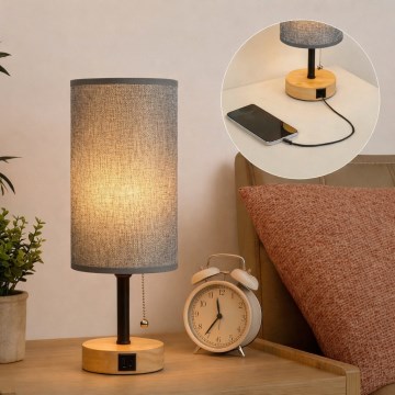 Brilagi - Lampe de table avec port USB TABLON 1xE27/25W/230V chêne/noir/gris