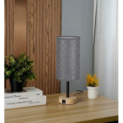 Brilagi - Lampe de table avec port USB TABLON 1xE27/25W/230V chêne/noir/gris