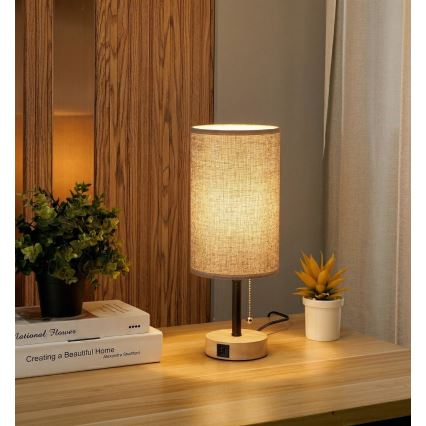 Brilagi - Lampe de table avec port USB TABLON 1xE27/25W/230V chêne/noir/gris