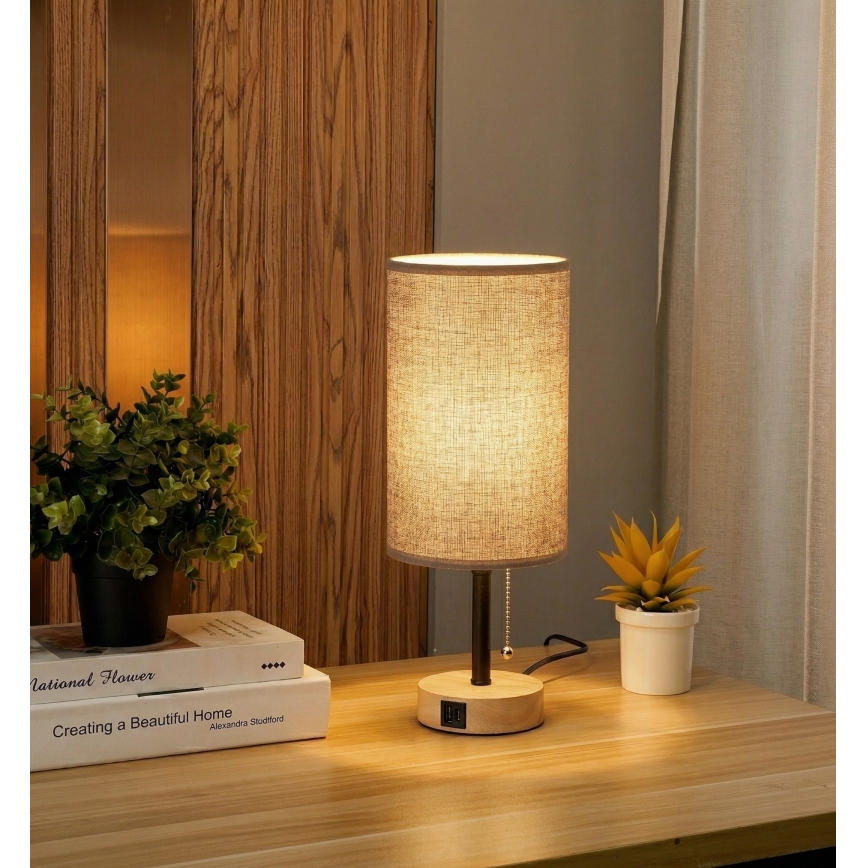 Brilagi - Lampe de table avec port USB TABLON 1xE27/25W/230V chêne/noir/gris