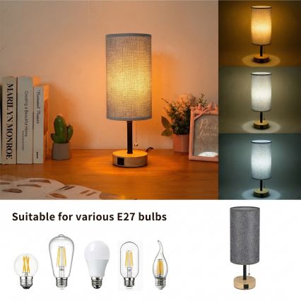 Brilagi - Lampe de table avec port USB TABLON 1xE27/25W/230V chêne/noir/gris