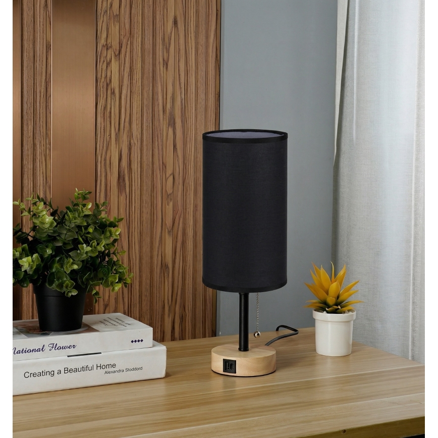 Brilagi - Lampe de table avec port USB TABLON 1xE27/25W/230V chêne/noir