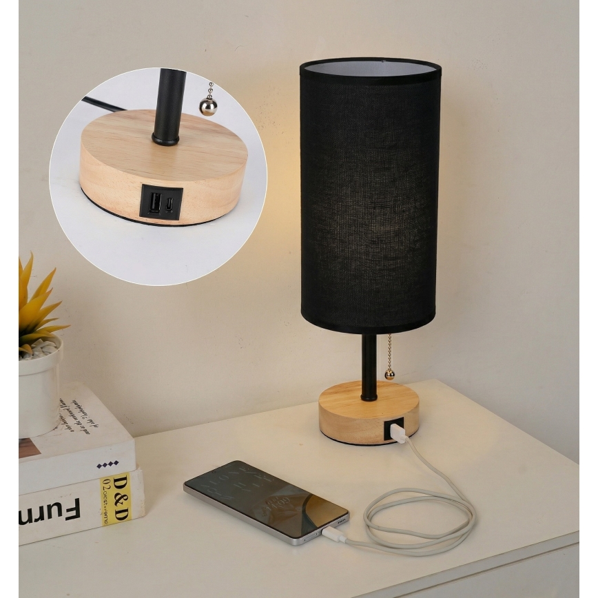 Brilagi - Lampe de table avec port USB TABLON 1xE27/25W/230V chêne/noir