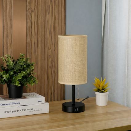 Brilagi - Lampe de table avec port USB TABLON 1xE27/25W/230V noire/beige