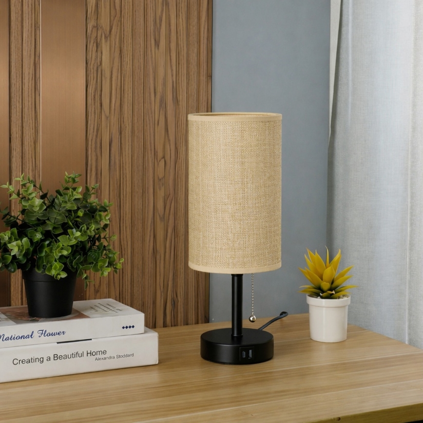 Brilagi - Lampe de table avec port USB TABLON 1xE27/25W/230V noire/beige