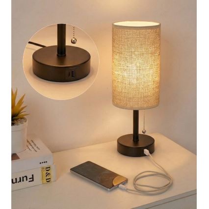 Brilagi - Lampe de table avec port USB TABLON 1xE27/25W/230V noire/beige