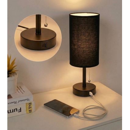 Brilagi - Lampe de table TABLON avec port USB 1x E27/25W/230V, noire