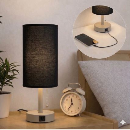 Brilagi - Lampe de table TABLON avec port USB 1xE27/25W/230V beige/noir