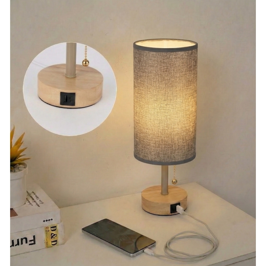 Brilagi - Lampe de table TABLON avec port USB 1xE27/25W/230V chêne/beige/gris