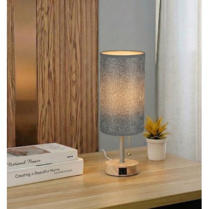 Brilagi - Lampe de table TABLON avec port USB 1xE27/25W/230V chêne/beige/gris