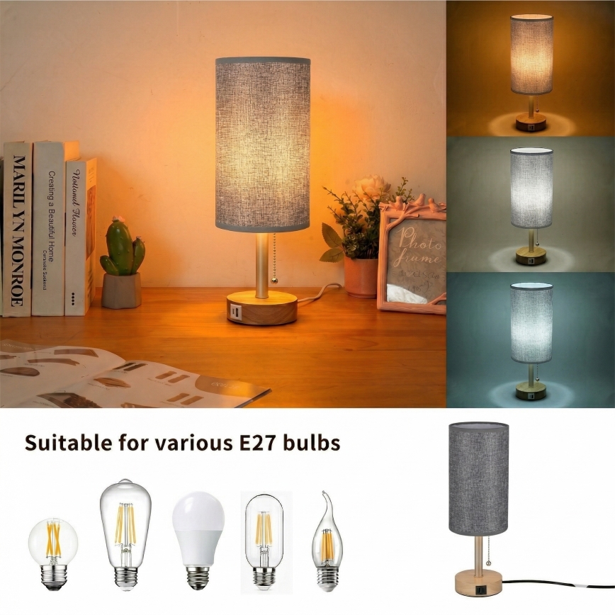 Brilagi - Lampe de table TABLON avec port USB 1xE27/25W/230V chêne/beige/gris