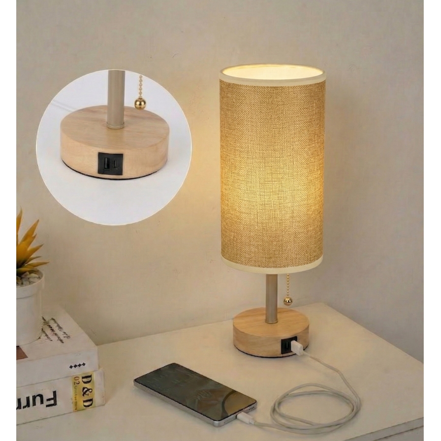 Brilagi - Lampe de table TABLON avec port USB 1xE27/25W/230V chêne/beige