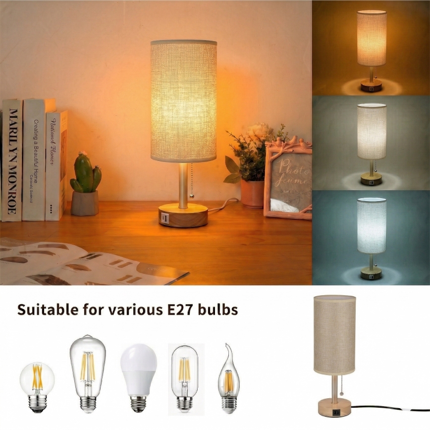 Brilagi - Lampe de table TABLON avec port USB 1xE27/25W/230V chêne/beige