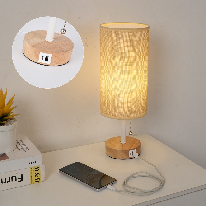 Brilagi - Lampe de table TABLON avec port USB, 1xE27/25W/230V, chêne/blanc/beige