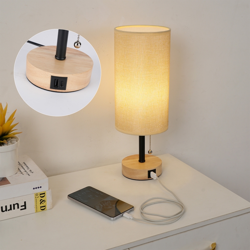 Brilagi - Lampe de table TABLON avec port USB 1xE27/25W/230V chêne/noir/beige