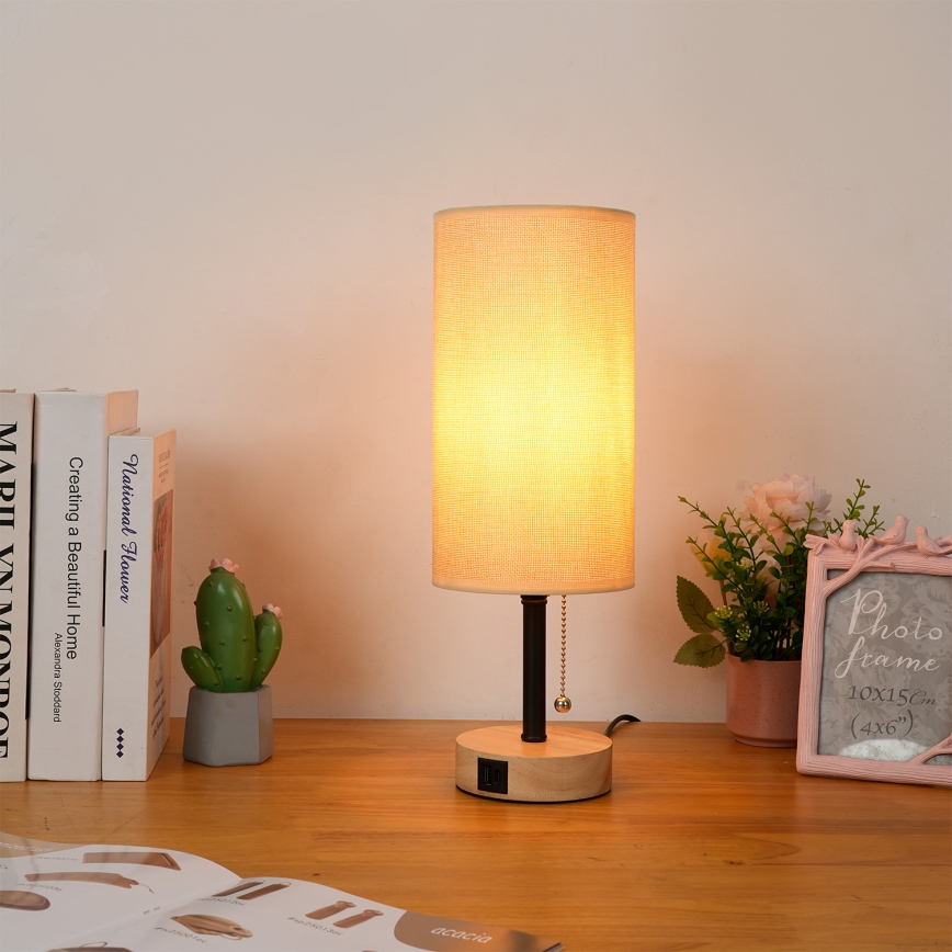 Brilagi - Lampe de table TABLON avec port USB 1xE27/25W/230V chêne/noir/beige