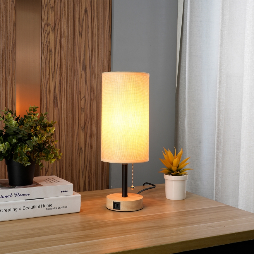 Brilagi - Lampe de table TABLON avec port USB 1xE27/25W/230V chêne/noir/beige