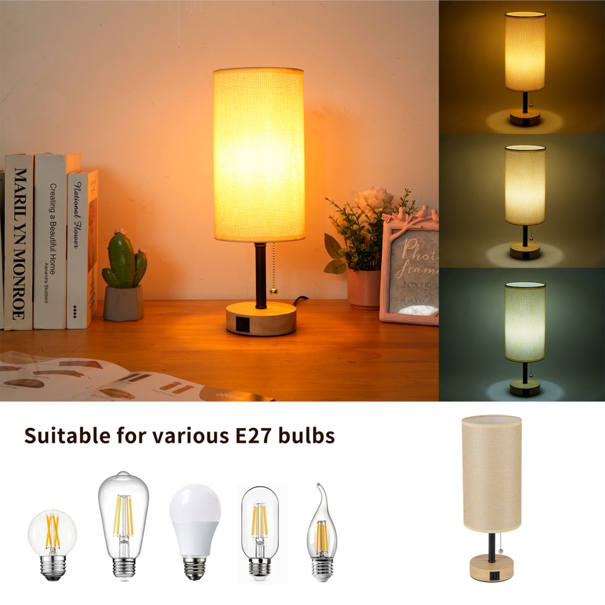 Brilagi - Lampe de table TABLON avec port USB 1xE27/25W/230V chêne/noir/beige