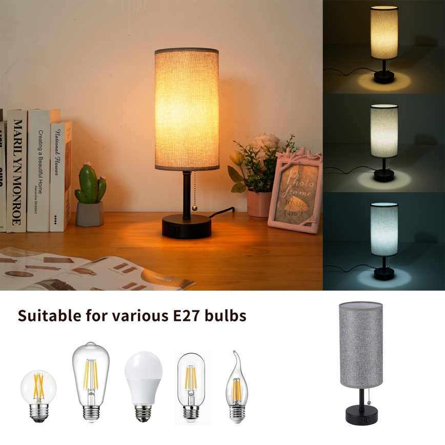 Brilagi - Lampe de table TABLON avec port USB 1xE27/25W/230V noir/gris