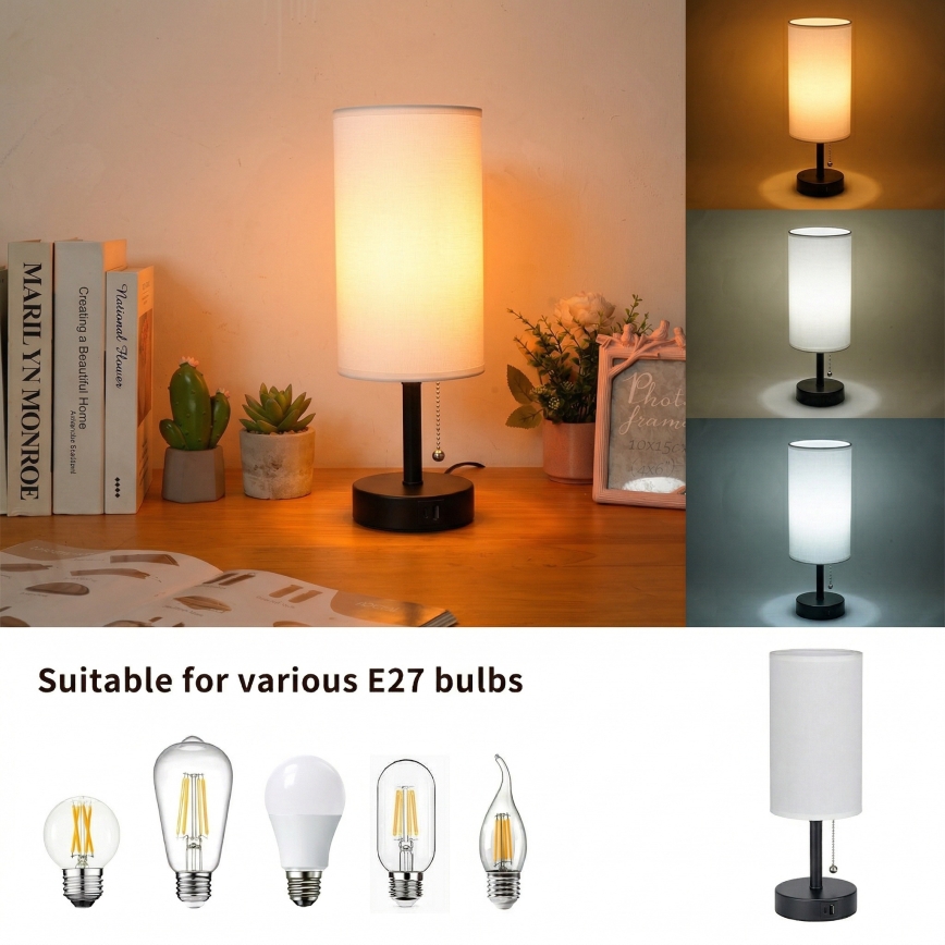 Brilagi - Lampe de table TABLON avec port USB 1xE27/25W/230V noire/blanche