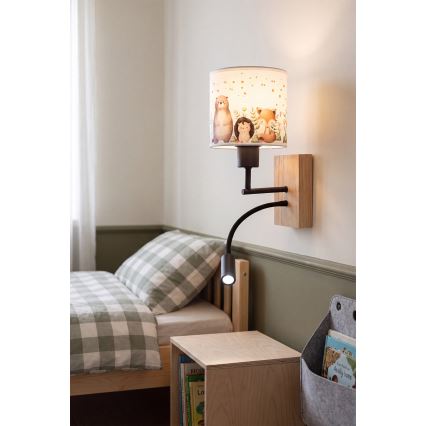 Brilagi - LED Lampe murale flexible pour enfants BOBO WOOD 1xE27/25W/230V + LED/3W chêne/noir/blanc/motifs animaux