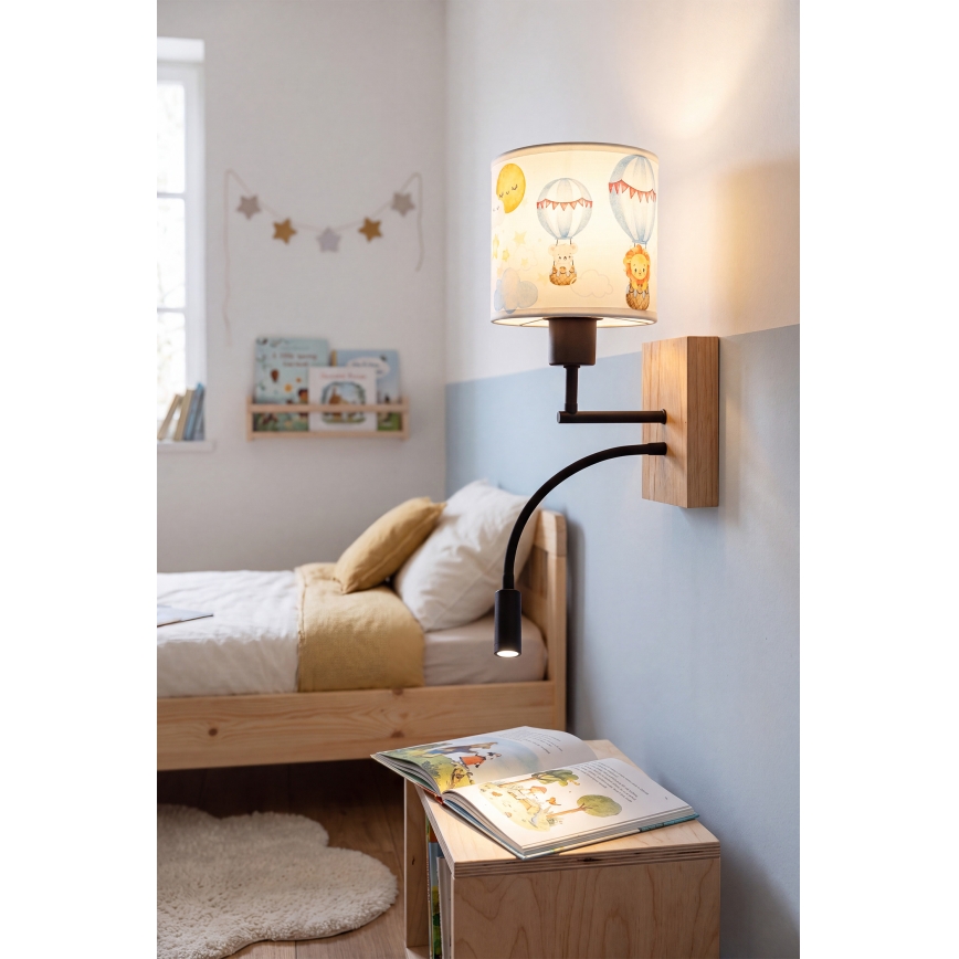 Brilagi - Lampe murale flexible LED pour enfants BOBO WOOD 1xE27/25W/230V + LED/3W chêne/noir/blanc/motifs d'animaux