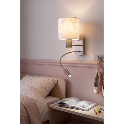 Brilagi - Lampe murale LED flexible pour enfants BOBO 1xE27/25W/230V + LED/3W chrome mat/blanche/à motifs de petits lapins