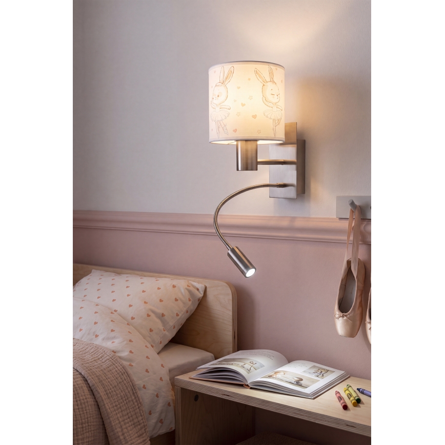 Brilagi - Lampe murale LED flexible pour enfants BOBO 1xE27/25W/230V + LED/3W chrome mat/blanche/à motifs de petits lapins