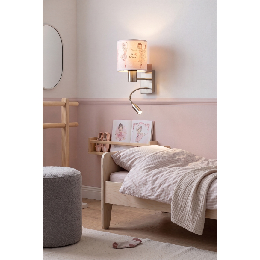 Brilagi - Lampe murale LED flexible pour enfants BOBO 1xE27/25W/230V + LED/3W chrome mat/blanc/rose/motif chaussons de ballet
