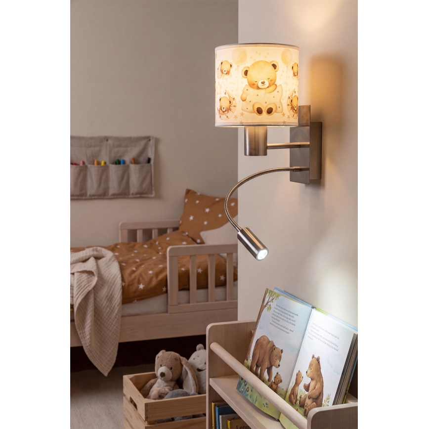 Brilagi - LED Applique murale flexible pour enfants BOBO 1xE27/25W/230V + LED/3W chrome mat/blanc/oursons