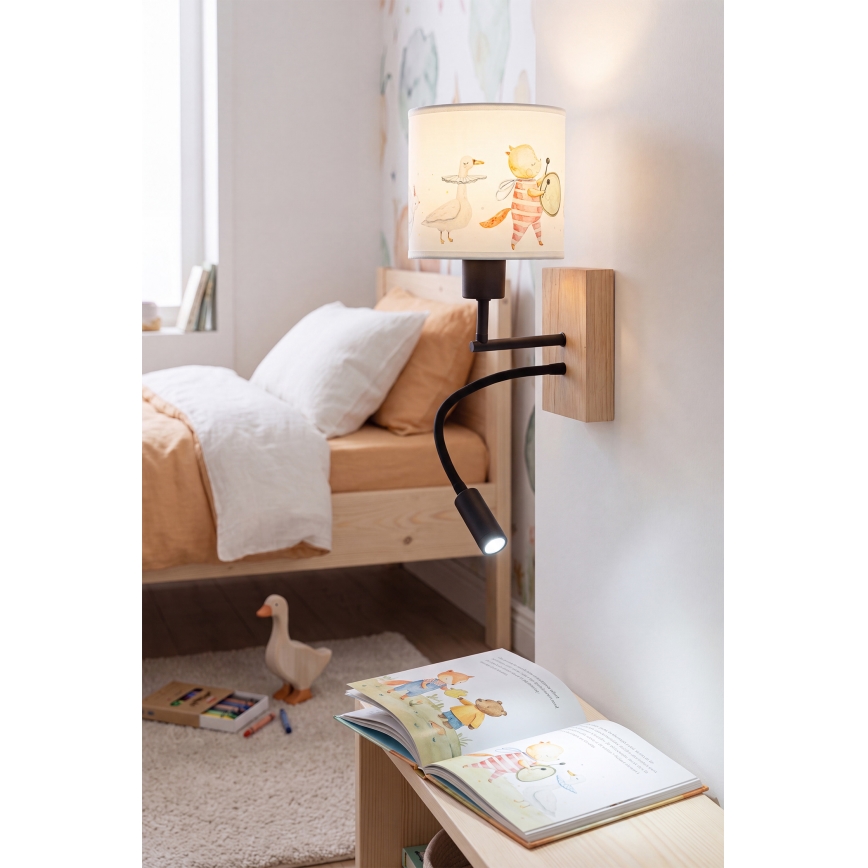 Brilagi - Lampe murale LED flexible pour enfants BOBO WOOD 1xE27/25W/230V + LED 3W, chêne/noir/blanc/motifs animaux