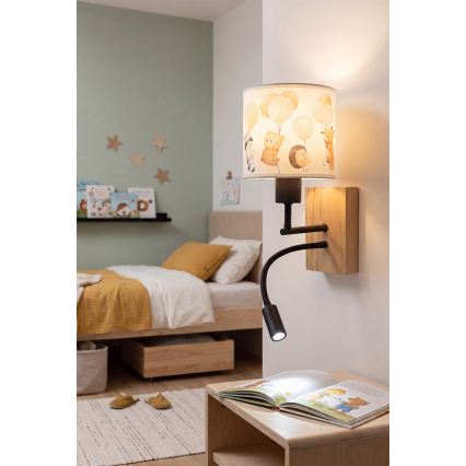 Brilagi - LED Applique murale flexible pour enfants BOBO WOOD 1xE27/25W/230V + LED/3W chêne/noir/blanc/motifs animaux