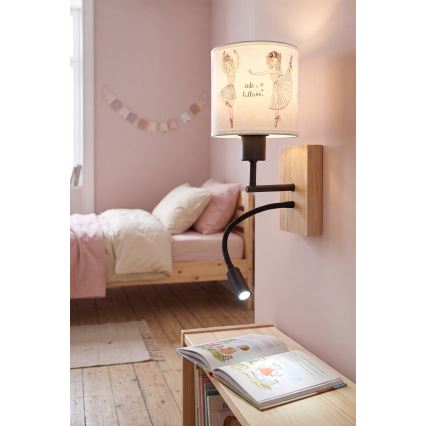 Brilagi - Lampe murale flexible LED pour enfants BOBO WOOD 1xE27/25W/230V + LED/3W chêne/noire/blanche/rose/motif ballerines