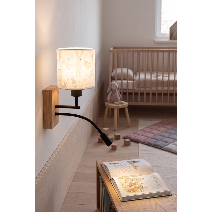Brilagi - Lampe murale LED flexible pour enfant BOBO WOOD 1xE27/25W/230V + LED/3W chêne/noir/blanc/à motif lapins