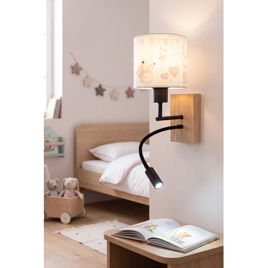 Brilagi - Lampe murale LED flexible pour enfants BOBO WOOD 1xE27/25W/230V + LED/3W chêne/noir/crème/lapins